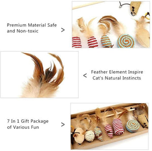 Natural Sisal Wand Teasers and Exerciser for Cat Kitten with Mouse, Bell, Feather, etc. Cat Toy Collection in a Box