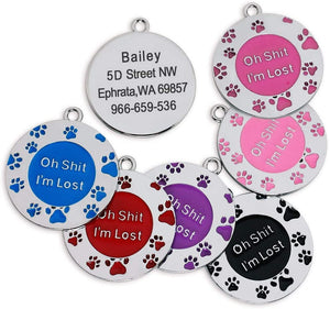 Personalized Funny Dog ID Tags with Engraved Custom Text, Custom Pet ID Tags for Small Medium Large Dogs "Oh sh*t, I'm lost" Metal Paw Design