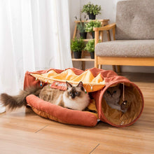 Load image into Gallery viewer, Cat Tunnel Bed with Mat, Pop Up Collapsible 2 Way Tube with Scratching Ball, Interactive Toy, Peak Hole Hideout House for Cat Puppy Kitten
