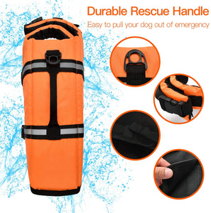 Dog Life Jackets Reflective & Adjustable Preserver Vest with Enhanced Buoyancy & Rescue Handle for Swimming Boating & Canoeing