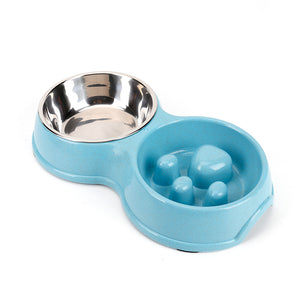 Slow Feeder Bowl for Small Medium Pets Stainless Steel Water Bowl with Non-Skid, Double Bowl Pet Feeding Station