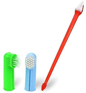 Dog Toothbrush Set Two Headed Canine Dental Hygiene Brush with 2 Finger Brushes Soft Bristles
