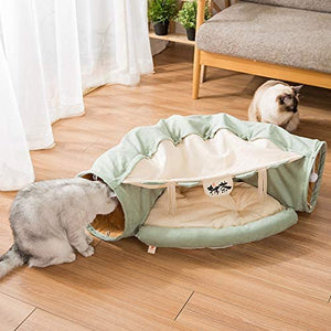 Cat Tunnel Bed with Mat, Pop Up Collapsible 2 Way Tube with Scratching Ball, Interactive Toy, Peak Hole Hideout House for Cat Puppy Kitten