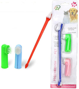 Dog Toothbrush Set Two Headed Canine Dental Hygiene Brush with 2 Finger Brushes Soft Bristles