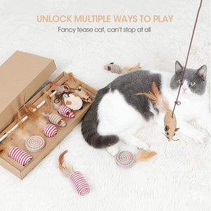 Natural Sisal Wand Teasers and Exerciser for Cat Kitten with Mouse, Bell, Feather, etc. Cat Toy Collection in a Box