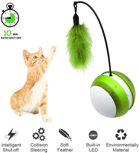 Interactive Rolling Pet Toys 360 Degree Automatic Self Rotating LED Light Sound Cat Chaser Ball Exercise with Detachable Feather