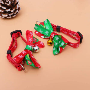 Christmas Dog Collar, Adjustable Pet Collar with Double-deck Bowtie, Durable Plastic Breakaway Buckle, Snowflake Christmas Pattern with Neck Bell