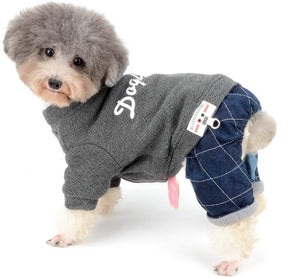 Small Dog Sweater Jumpsuit Pet Doggie Puppy Clothes for Cold Weather Soft Cotton Padded Winter Coat with Denim Pant Outfits
