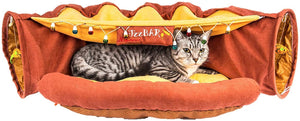 Cat Tunnel Bed with Mat, Pop Up Collapsible 2 Way Tube with Scratching Ball, Interactive Toy, Peak Hole Hideout House for Cat Puppy Kitten