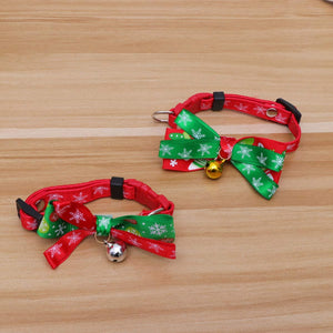 Christmas Dog Collar, Adjustable Pet Collar with Double-deck Bowtie, Durable Plastic Breakaway Buckle, Snowflake Christmas Pattern with Neck Bell
