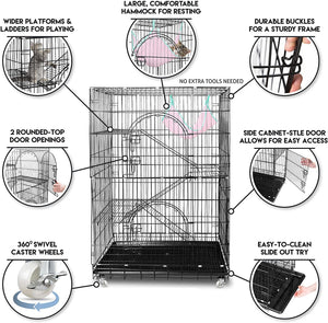Wire Cat Cage: Spacious Foldable Metal Pet Crate Playpen with 3 Openings, 3 Platforms, 3 Ladders, 1 Bottom Tray, 4 Wheels