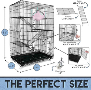 Wire Cat Cage: Spacious Foldable Metal Pet Crate Playpen with 3 Openings, 3 Platforms, 3 Ladders, 1 Bottom Tray, 4 Wheels